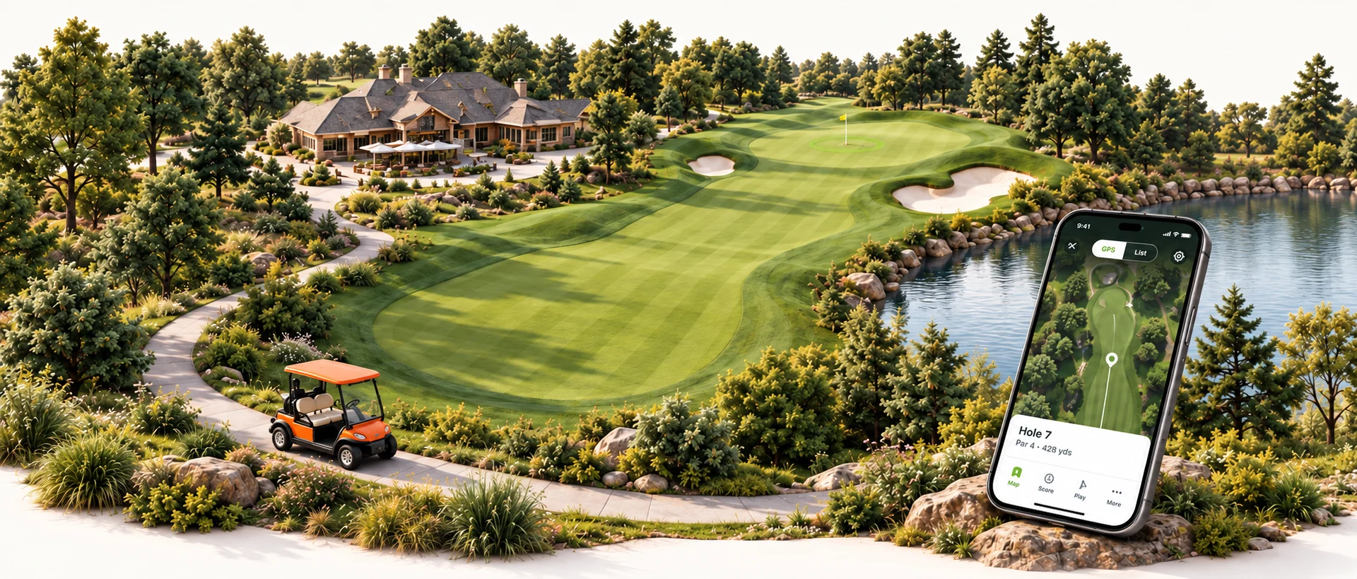 A realistic connected golf course with a clubhouse, orange cart, tree-lined fairway and Golf One GPS phone